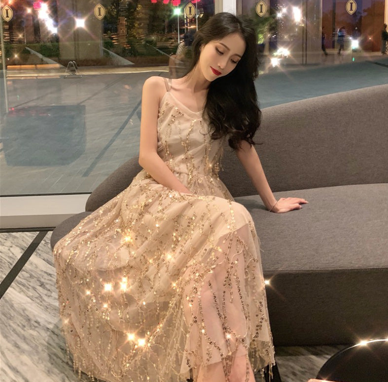 Sexy Elegant Mid Length Backless Sling Sequins Hollow V-Neck Big Swing Dress