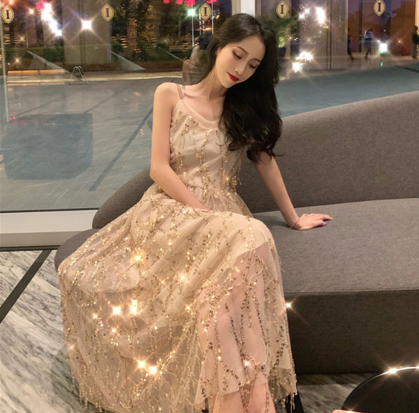 Sexy Elegant Mid Length Backless Sling Sequins Hollow V-Neck Big Swing Dress