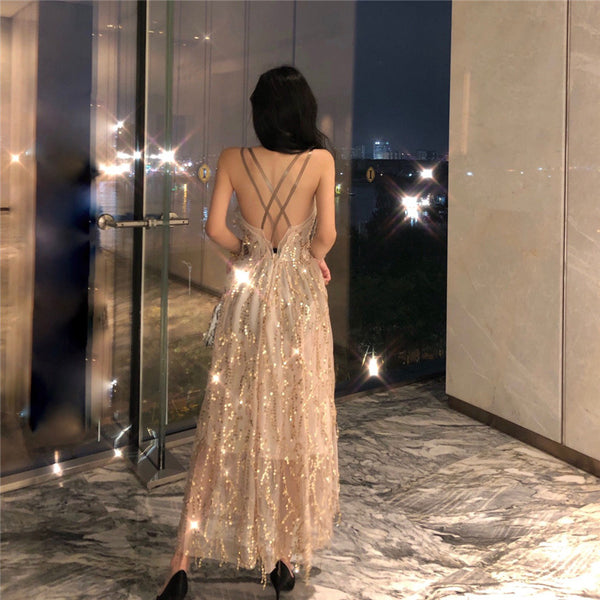 Sexy Elegant Mid Length Backless Sling Sequins Hollow V-Neck Big Swing Dress