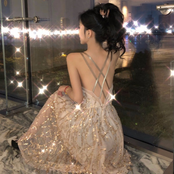 Sexy Elegant Mid Length Backless Sling Sequins Hollow V-Neck Big Swing Dress