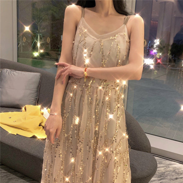 Sexy Elegant Mid Length Backless Sling Sequins Hollow V-Neck Big Swing Dress