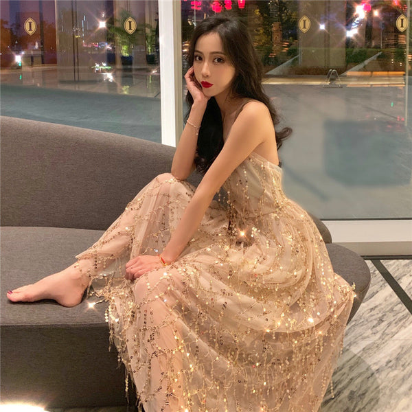 Sexy Elegant Mid Length Backless Sling Sequins Hollow V-Neck Big Swing Dress