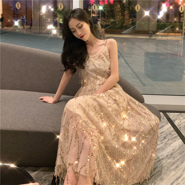 Sexy Elegant Mid Length Backless Sling Sequins Hollow V-Neck Big Swing Dress