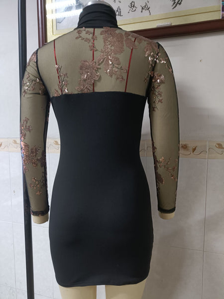 Women Hip Sequins Floral Lace Stitching Black Bodycon Dress