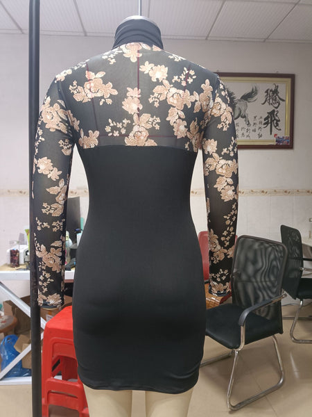 Women Hip Sequins Floral Lace Stitching Black Bodycon Dress
