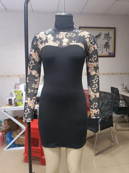 Women Hip Sequins Floral Lace Stitching Black Bodycon Dress