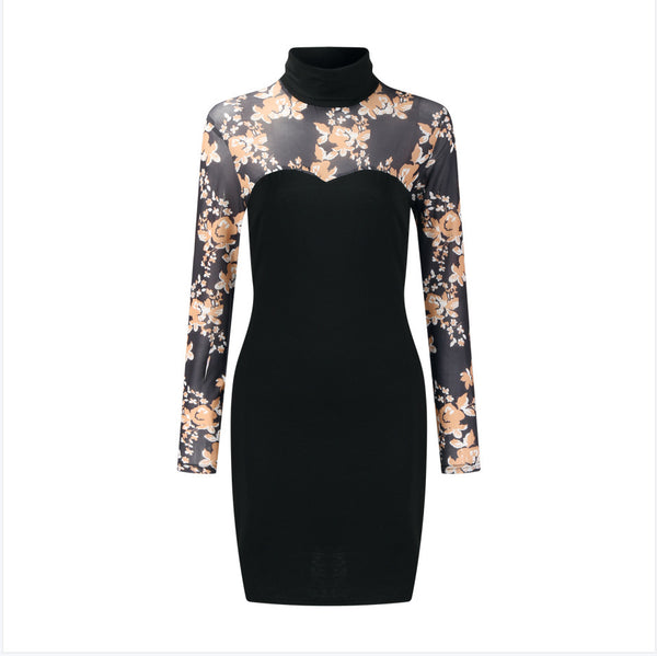 Women Hip Sequins Floral Lace Stitching Black Bodycon Dress