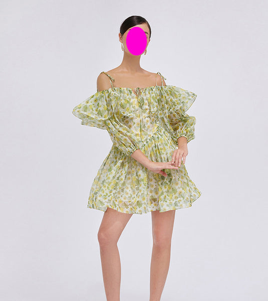 Temperament Green Printed Dyeing Floral Ruffle Back Zipper Large Swing Dress