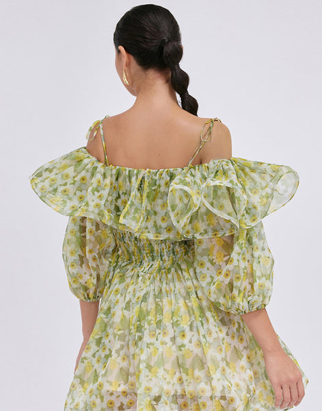 Temperament Green Printed Dyeing Floral Ruffle Back Zipper Large Swing Dress
