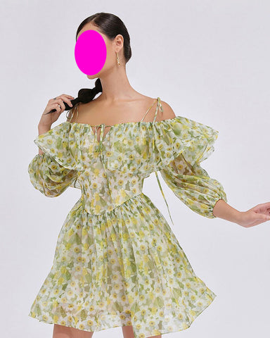 Temperament Green Printed Dyeing Floral Ruffle Back Zipper Large Swing Dress