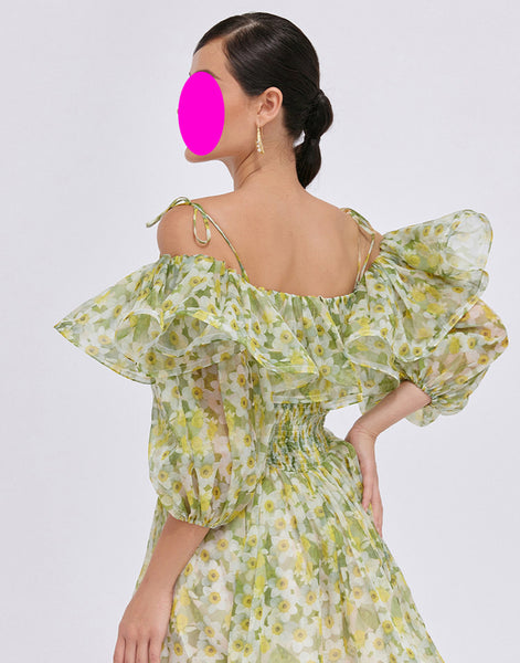 Temperament Green Printed Dyeing Floral Ruffle Back Zipper Large Swing Dress