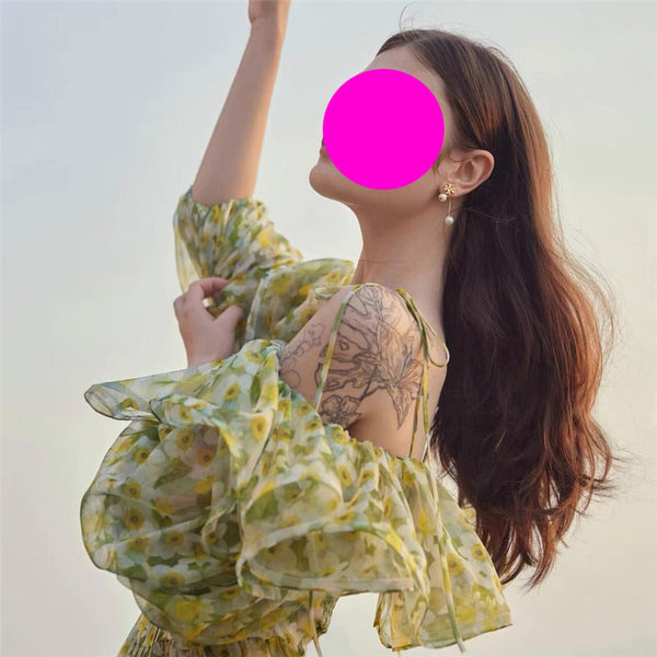 Temperament Green Printed Dyeing Floral Ruffle Back Zipper Large Swing Dress