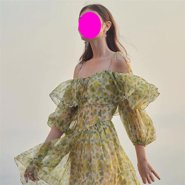 Temperament Green Printed Dyeing Floral Ruffle Back Zipper Large Swing Dress