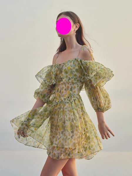 Temperament Green Printed Dyeing Floral Ruffle Back Zipper Large Swing Dress