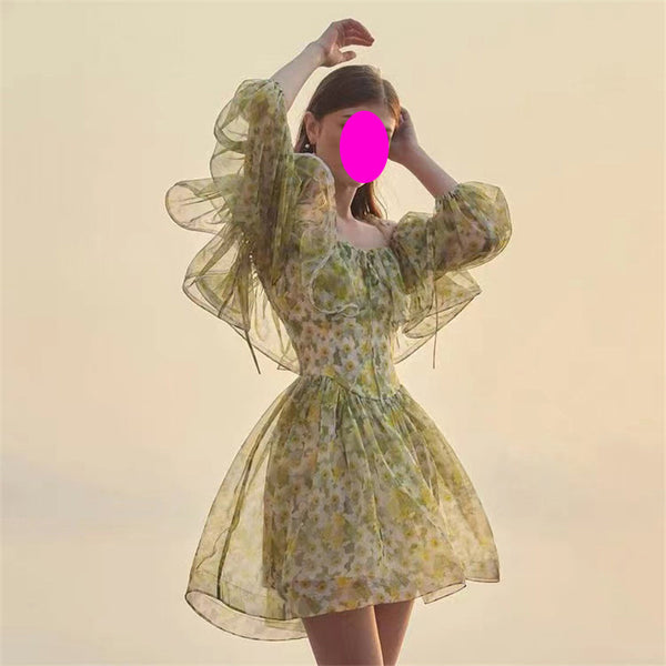 Temperament Green Printed Dyeing Floral Ruffle Back Zipper Large Swing Dress