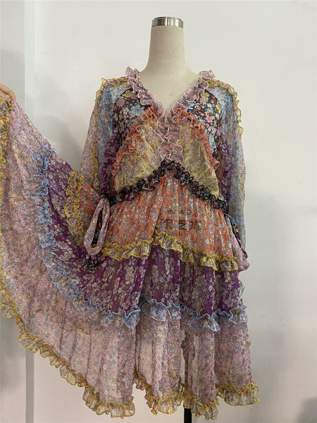 Mixed Color Printed Floral Stitching Long Sleeved Waist Lantern Bow dress