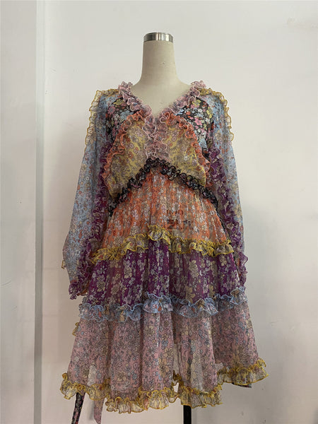 Mixed Color Printed Floral Stitching Long Sleeved Waist Lantern Bow dress