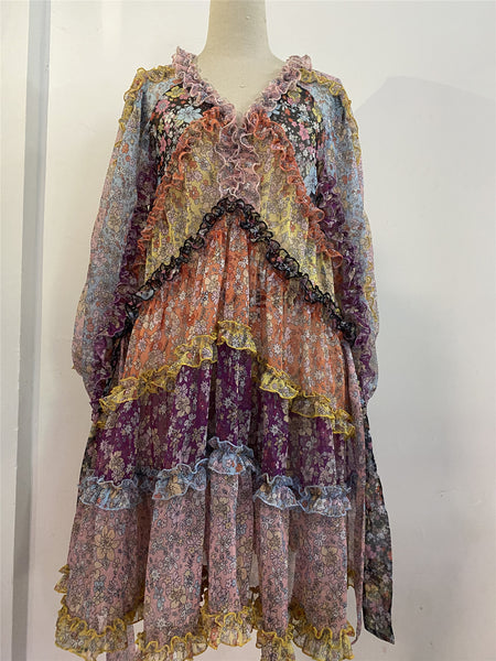 Mixed Color Printed Floral Stitching Long Sleeved Waist Lantern Bow dress