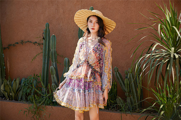 Mixed Color Printed Floral Stitching Long Sleeved Waist Lantern Bow dress