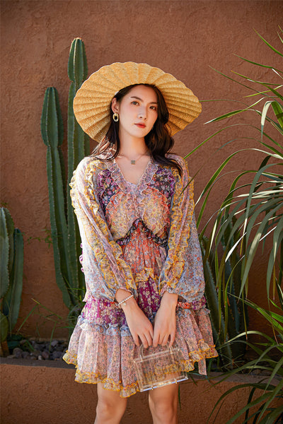 Mixed Color Printed Floral Stitching Long Sleeved Waist Lantern Bow dress