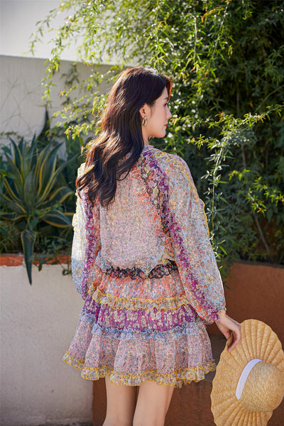 Mixed Color Printed Floral Stitching Long Sleeved Waist Lantern Bow dress