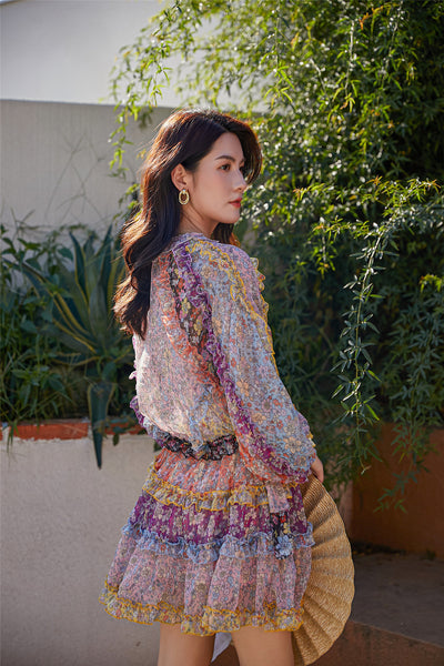 Mixed Color Printed Floral Stitching Long Sleeved Waist Lantern Bow dress