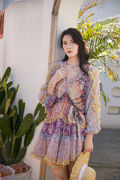 Mixed Color Printed Floral Stitching Long Sleeved Waist Lantern Bow dress