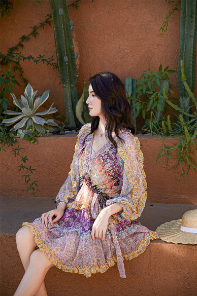 Mixed Color Printed Floral Stitching Long Sleeved Waist Lantern Bow dress