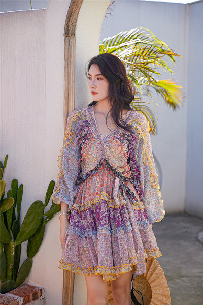 Mixed Color Printed Floral Stitching Long Sleeved Waist Lantern Bow dress