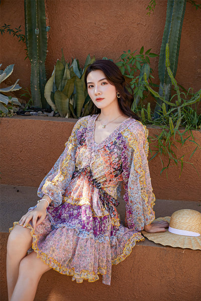 Mixed Color Printed Floral Stitching Long Sleeved Waist Lantern Bow dress