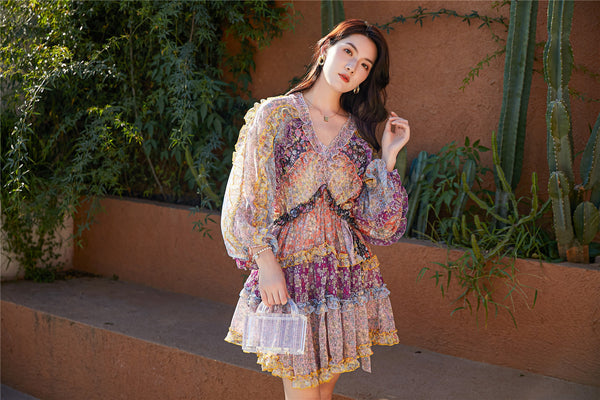 Mixed Color Printed Floral Stitching Long Sleeved Waist Lantern Bow dress