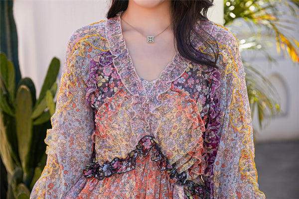 Mixed Color Printed Floral Stitching Long Sleeved Waist Lantern Bow dress