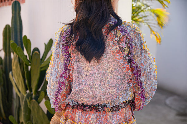 Mixed Color Printed Floral Stitching Long Sleeved Waist Lantern Bow dress