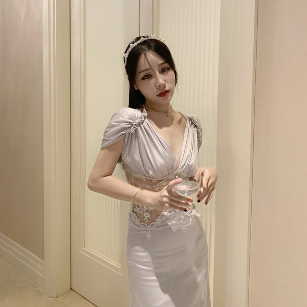 Greek Style Classical Deep V neck short Sleeved Mesh Through Waist Pleated Dress long skirt