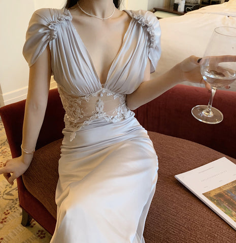 Greek Style Classical Deep V neck short Sleeved Mesh Through Waist Pleated Dress long skirt