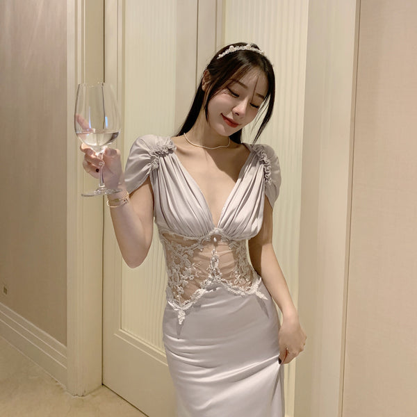 Greek Style Classical Deep V neck short Sleeved Mesh Through Waist Pleated Dress long skirt