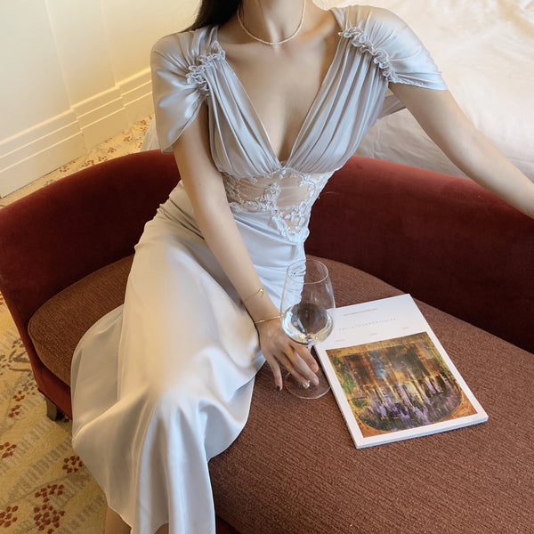 Greek Style Classical Deep V neck short Sleeved Mesh Through Waist Pleated Dress long skirt