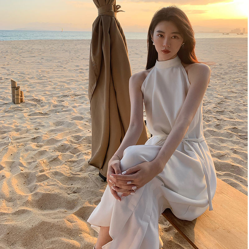 Summer Lace waist Off Shoulder Halter Neck white sleeveless Temperament Dress