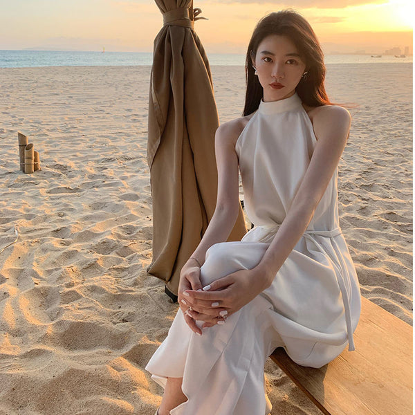 Summer Lace waist Off Shoulder Halter Neck white sleeveless Temperament Dress