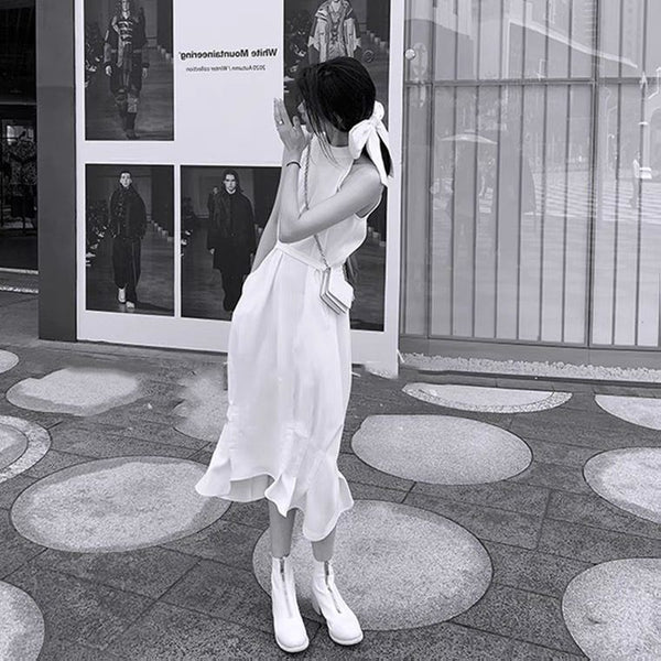 Summer Lace waist Off Shoulder Halter Neck white sleeveless Temperament Dress