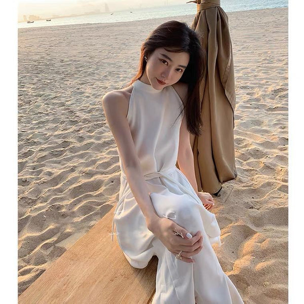 Summer Lace waist Off Shoulder Halter Neck white sleeveless Temperament Dress