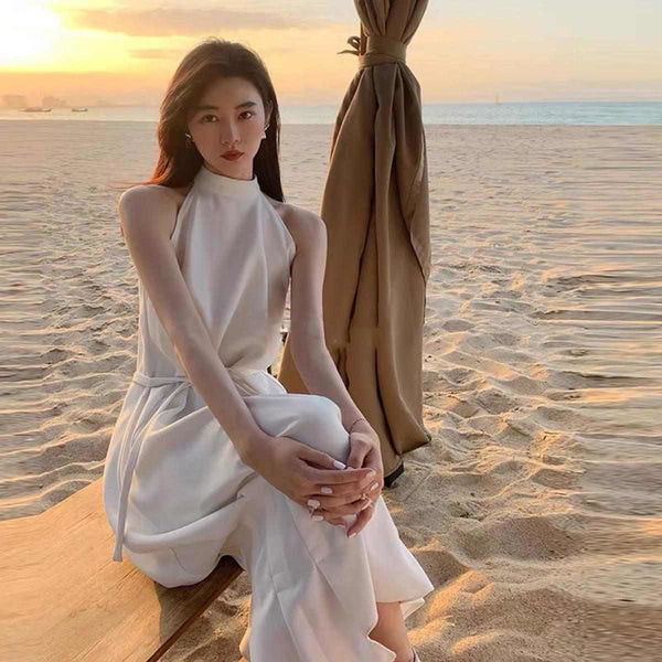 Summer Lace waist Off Shoulder Halter Neck white sleeveless Temperament Dress