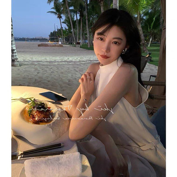 Summer Lace waist Off Shoulder Halter Neck white sleeveless Temperament Dress