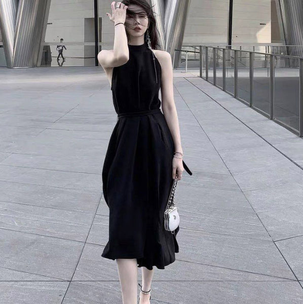 Summer Lace waist Off Shoulder Halter Neck white sleeveless Temperament Dress