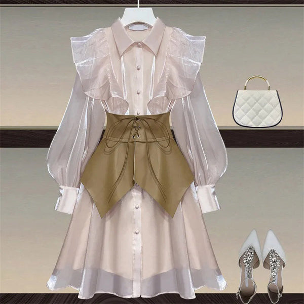 Chic Spring Autumn Suit Girdle Collar Small Fragrance Temperament Light Pink Dress