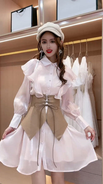 Chic Spring Autumn Suit Girdle Collar Small Fragrance Temperament Light Pink Dress