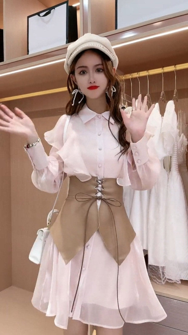 Chic Spring Autumn Suit Girdle Collar Small Fragrance Temperament Light Pink Dress