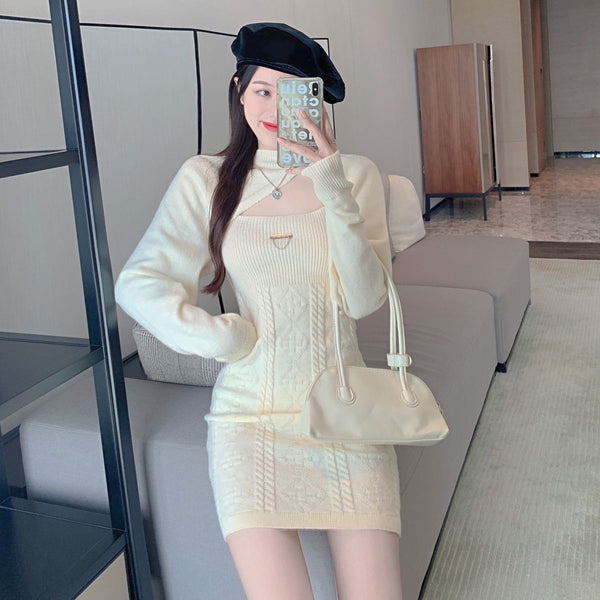 New Fashion Design Lovely Knitted Sling Short Dress Long Sleeved Jacket