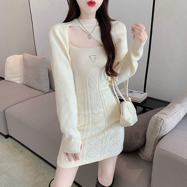New Fashion Design Lovely Knitted Sling Short Dress Long Sleeved Jacket