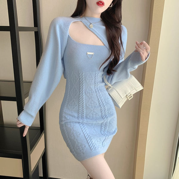 New Fashion Design Lovely Knitted Sling Short Dress Long Sleeved Jacket